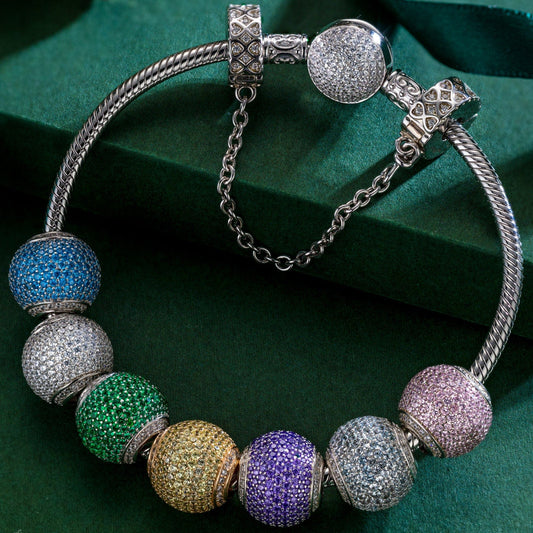 gona- Sterling Silver Colorful Life Charms Bracelet Set In White Gold Plated (Includes bracelet and all charms shown)