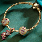 Sterling Silver Pink Mermaid Fish Charms Bracelet Set With Enamel In 14K Gold Plated (Includes bracelet and all charms shown)
