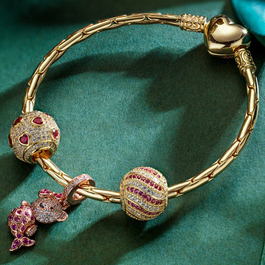 gona- Sterling Silver Pink Mermaid Fish Charms Bracelet Set With Enamel In 14K Gold Plated (Includes bracelet and all charms shown)