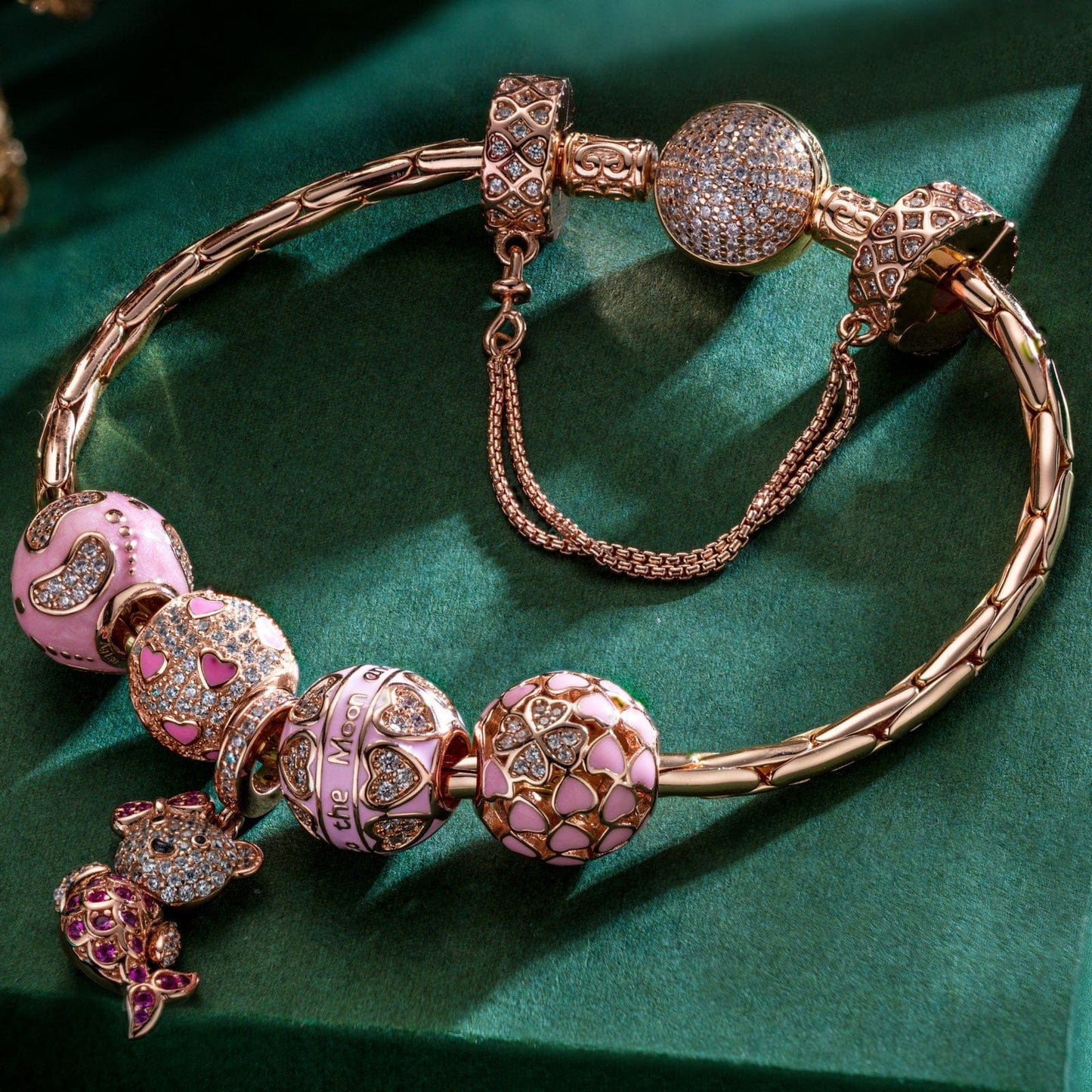 Sterling Silver Fantasy Island Charms Bracelet Set With Enamel In Rose Gold Plated (Includes bracelet and all charms shown)