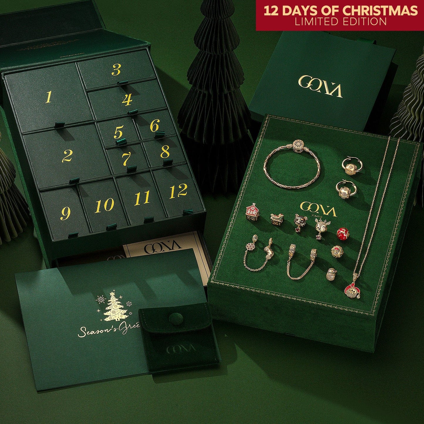 Limited Edition - The Iconic Advent Calendar - 12 Days Of Christmas Fine Jewelry Gift Set: Sterling Silver Santa's Sleigh Charms Earrings and Necklace and Bracelet Set With Enamel In 14K Gold Plated