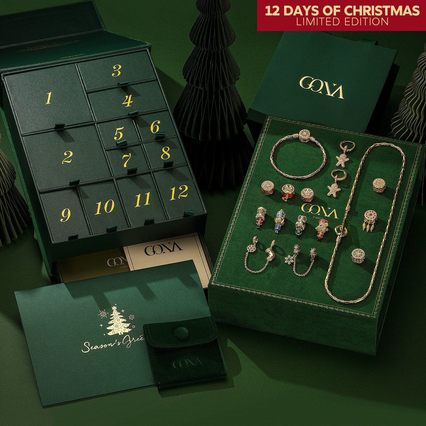 Limited Edition - The Iconic Advent Calendar - 12 Days Of Christmas Fine Jewelry Gift Set: Sterling Silver Snowflake Knights Charms Earrings and Necklace and Bracelet Set With Enamel In 14K Gold Plated