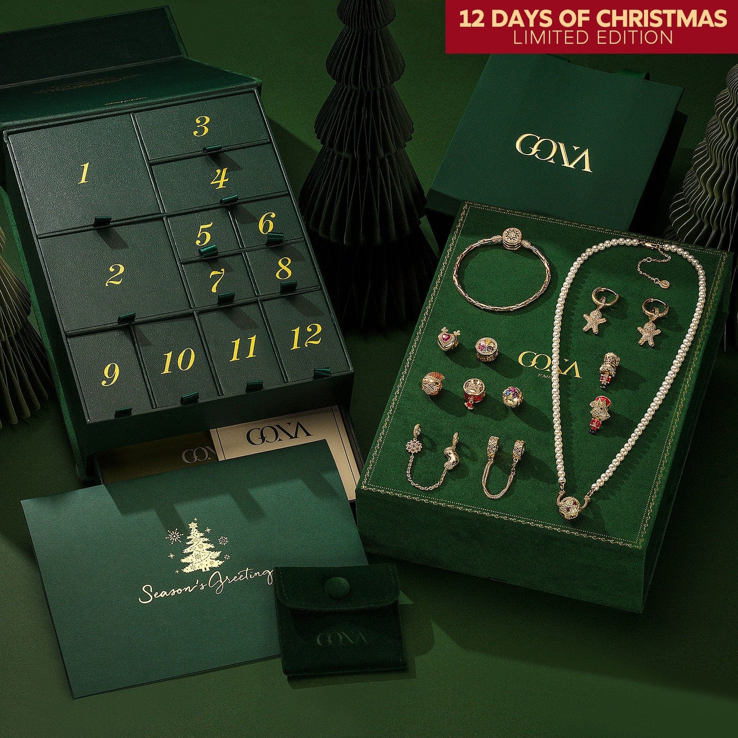 Limited Edition - The Iconic Advent Calendar - 12 Days Of Christmas Fine Jewelry Gift Set: Sterling Silver Festive Hearts Charms Earrings and Necklace and Bracelet Set With Enamel In 14K Gold Plated