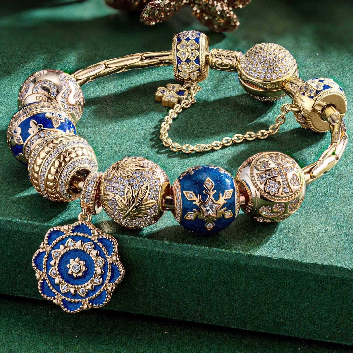 Sterling Silver Versailles Ball Charms Bracelet Set With Enamel In 14K Gold Plated