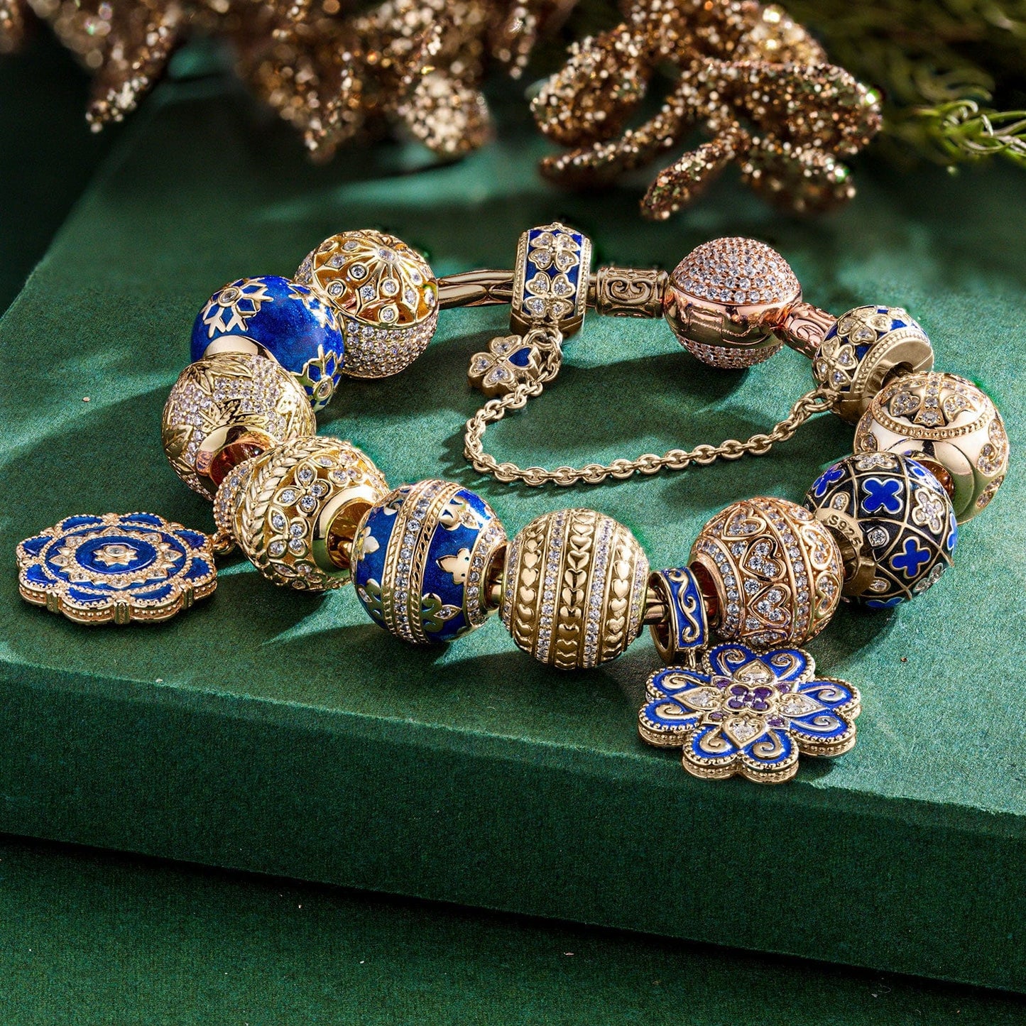 Sterling Silver Ice and Blue Charms Bracelet Set With Enamel In 14K Gold Plated