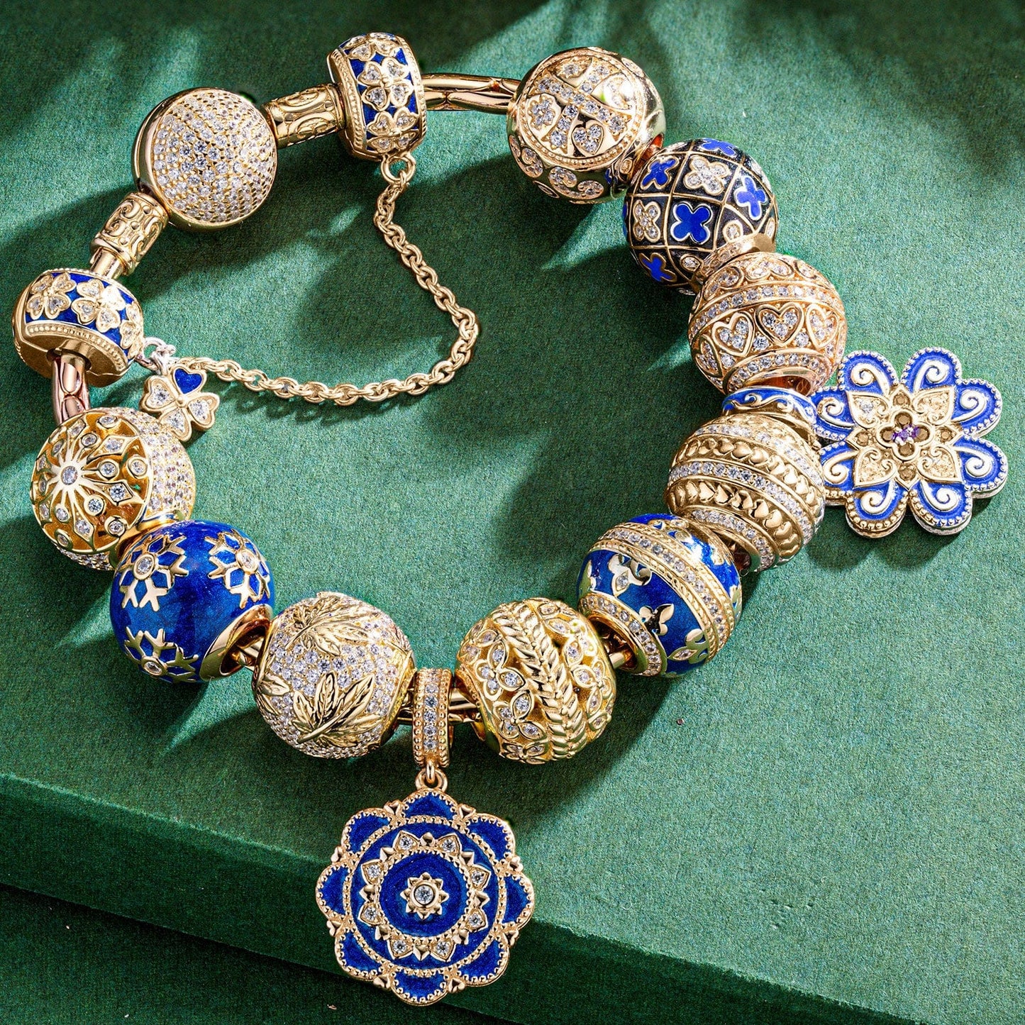 Sterling Silver Ice and Blue Charms Bracelet Set With Enamel In 14K Gold Plated (Includes bracelet and all charms shown)