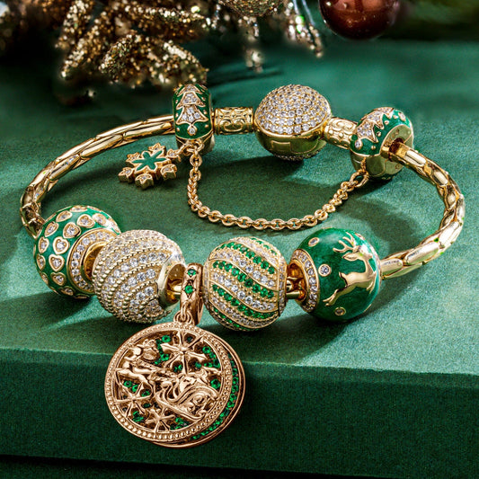 gon- Sterling Silver Green Christmas Night Charms Bracelet Set With Enamel In 14K Gold Plated