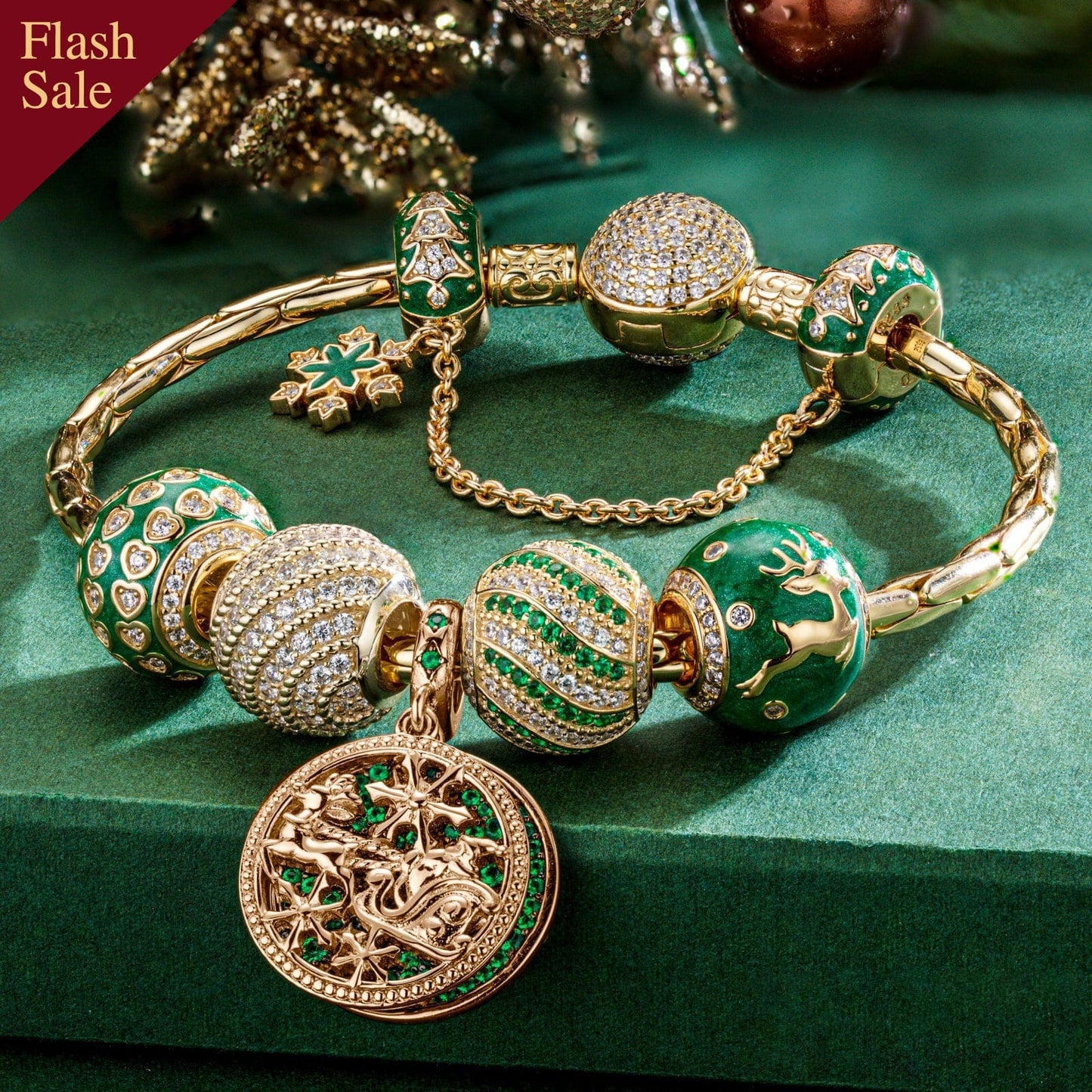 Sterling Silver Green Christmas Night Charms Bracelet Set With Enamel In 14K Gold Plated