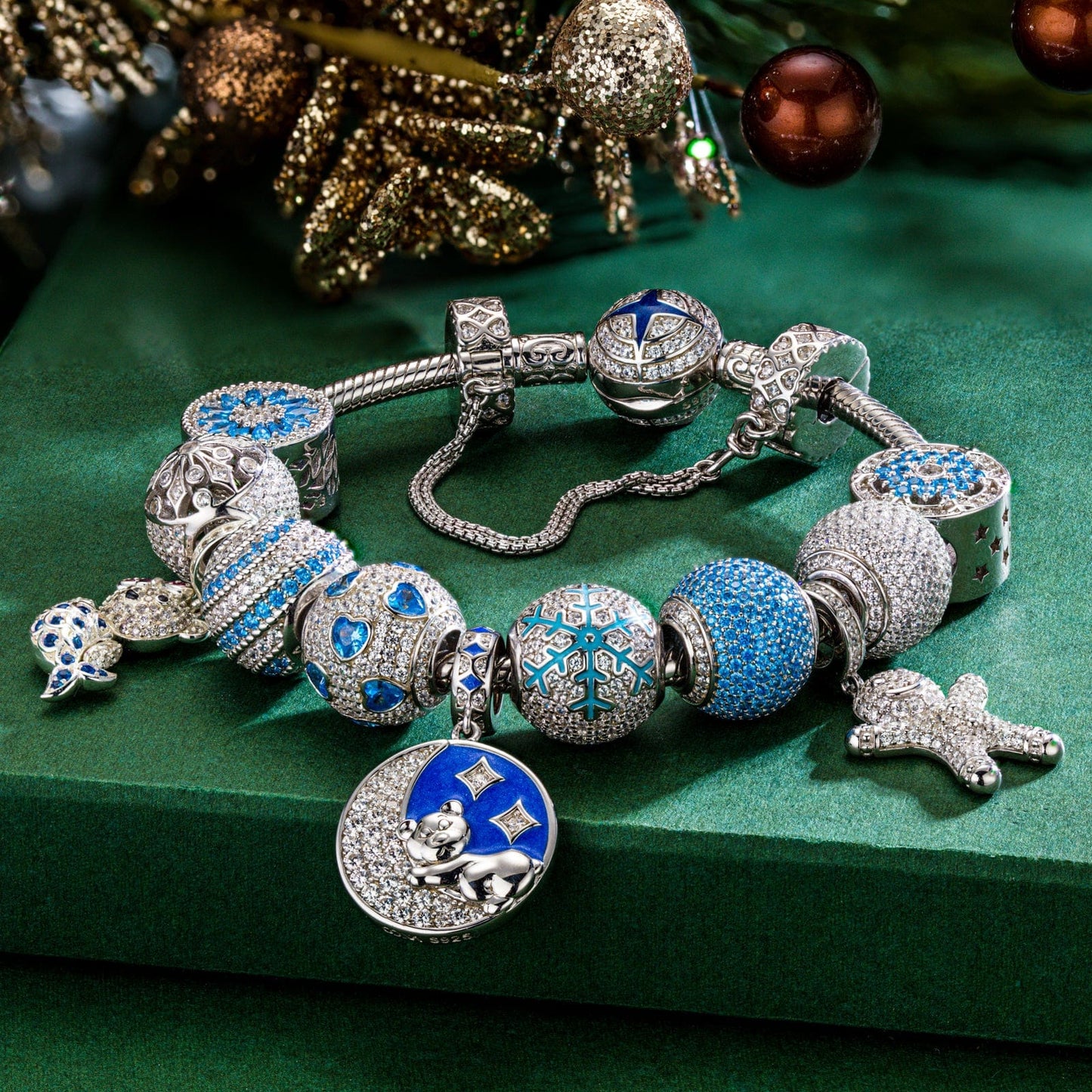 Sterling Silver Snowy Bliss Charms Bracelet Set With Enamel In White Gold Plated (Includes bracelet and all charms shown)