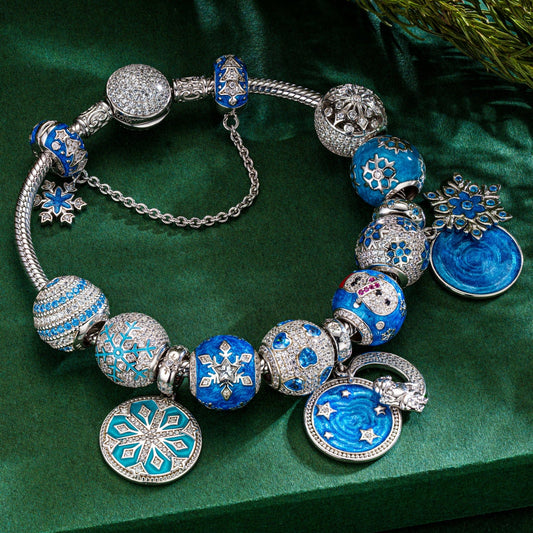 gona- Sterling Silver Winter Wonderland Charms Bracelet Set With Enamel In White Gold Plated (Includes bracelet and all charms shown)