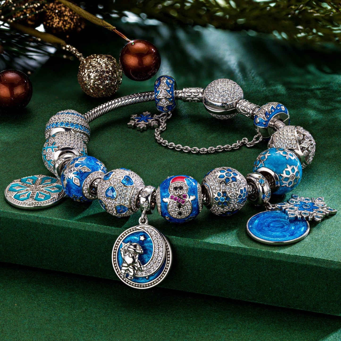 Sterling Silver Winter Wonderland Charms Bracelet Set With Enamel In White Gold Plated (Includes bracelet and all charms shown)