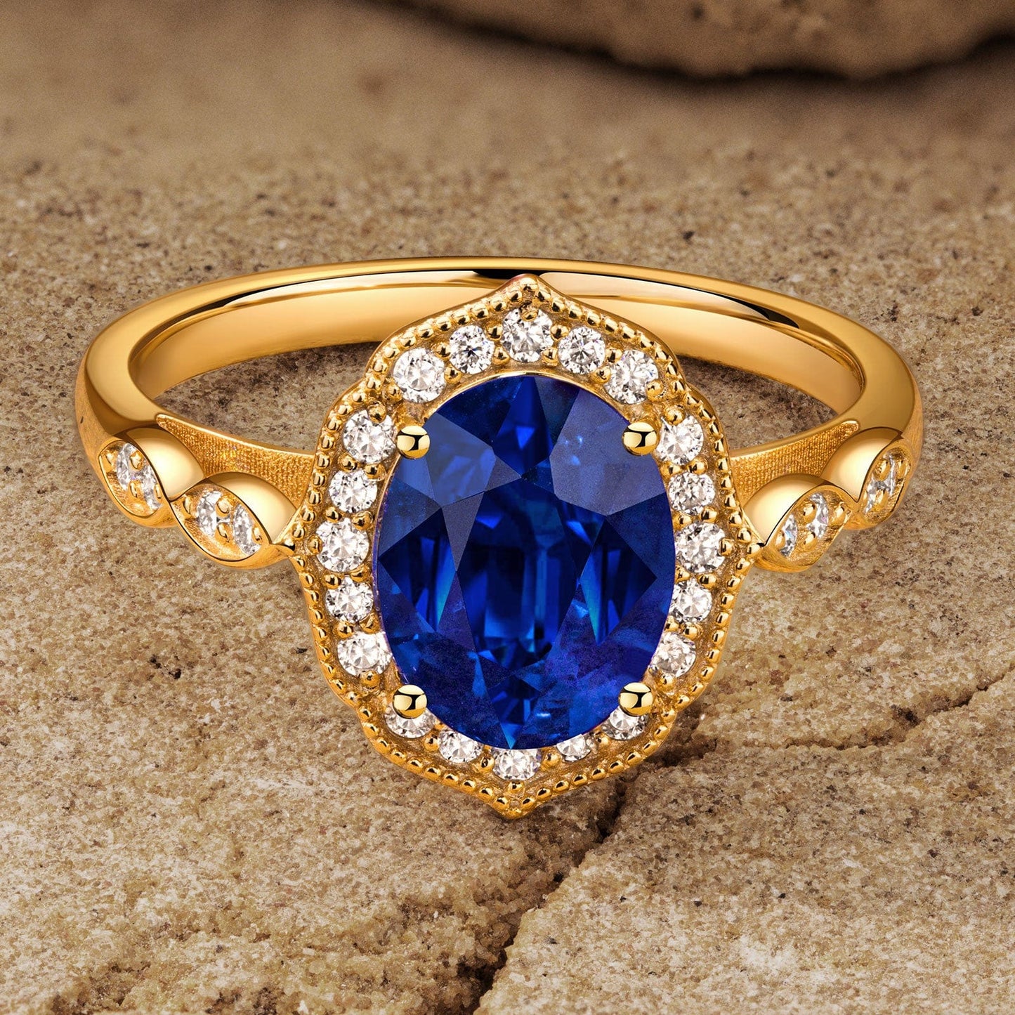 Lab-Grown Oval Brilliant Cut Blue Sapphire - Halo Classic Engagement Ring 14K Yellow Gold Plated