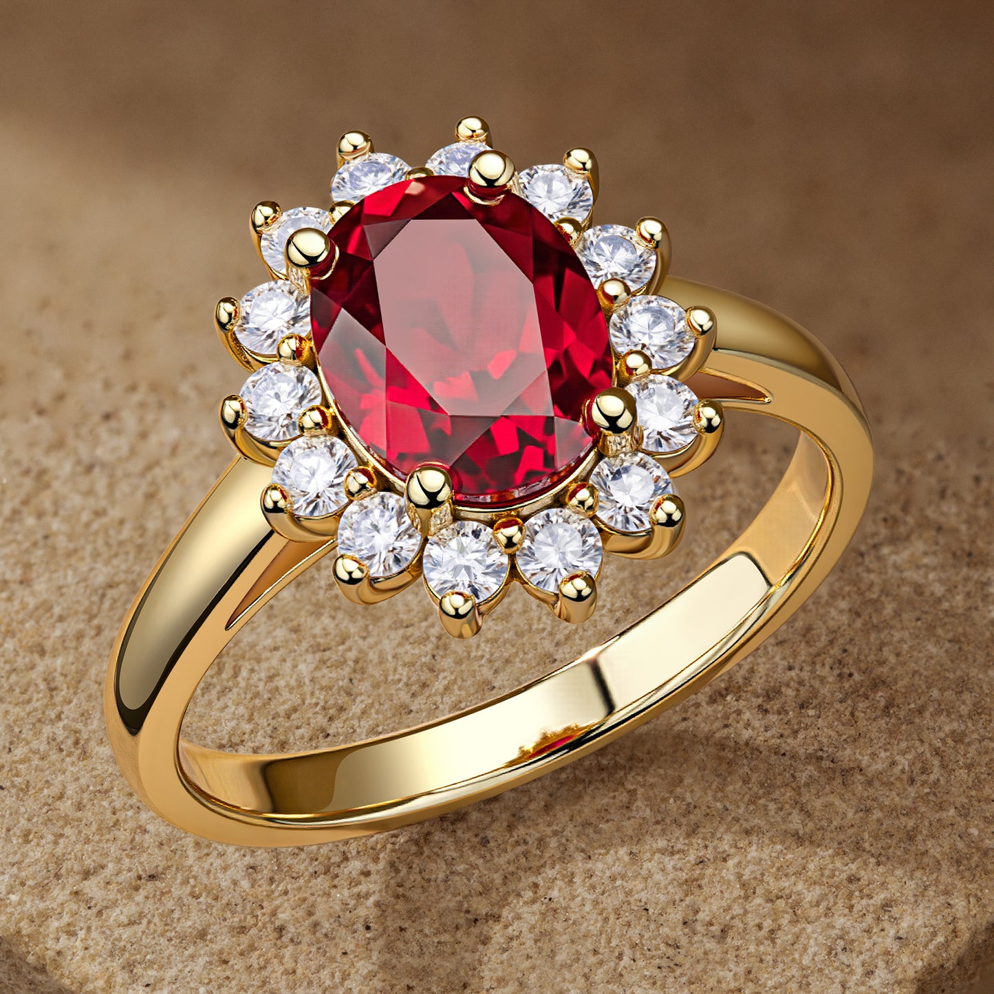 Lab-Grown Oval Brilliant Cut Ruby - Halo Classic Engagement Ring 14K Yellow Gold Plated (Includes GRC Certification from International Gemological Institute)