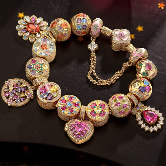 gona- Sterling Silver Opulent Color Extravaganza Charms Bracelet Set With Enamel In 14K Gold Plated (Includes bracelet and all charms shown)