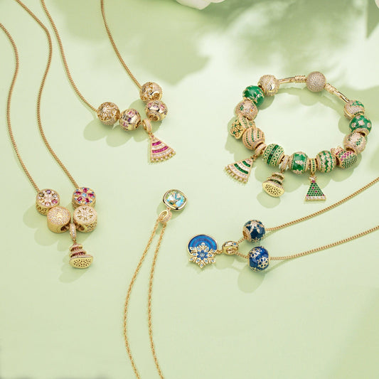 gona- Sterling Silver Cozy Winter Christmas Gift Set Charms Bracelet Set and Necklace Set With Enamel In 14K Gold Plated (Includes bracelet and all charms shown)