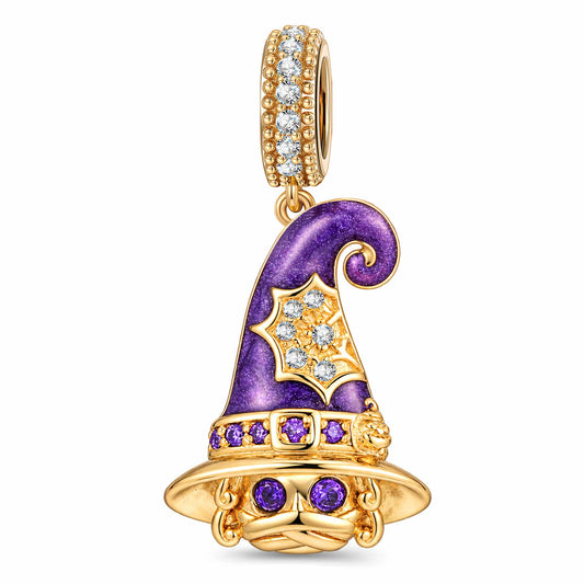 gona- Wizard Hat Tarnish-resistant Silver Dangle Charm Purple Glitter Enamel With Spider