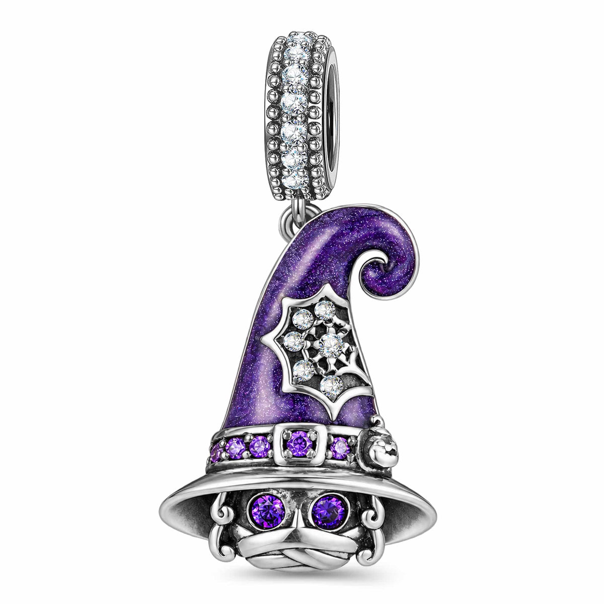 Blackened Solid 925 Sterling Silver Wizard Hat Dangle Charm Purple Glitter Enamel With Spider