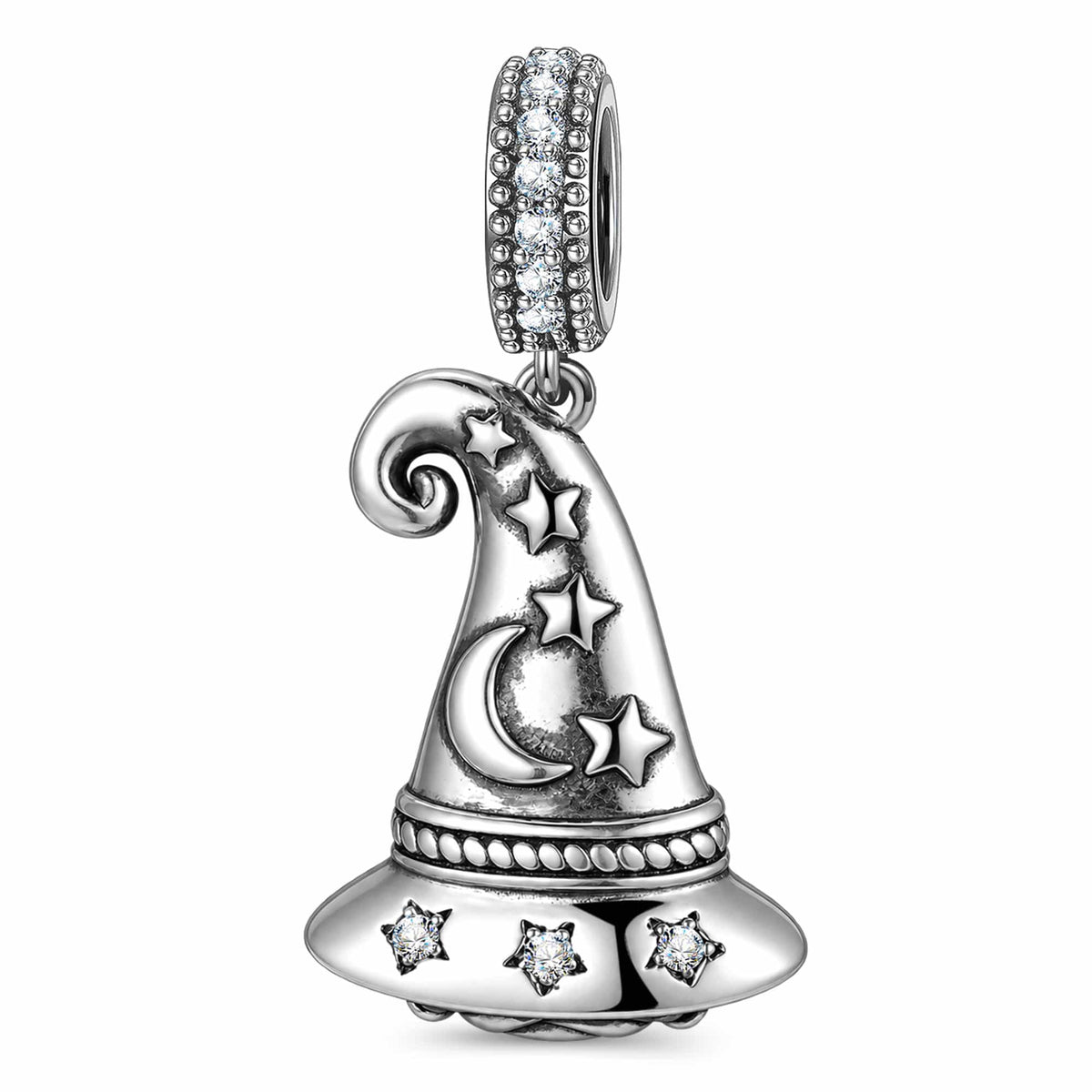 Blackened Solid 925 Sterling Silver Wizard Hat Dangle Charm Purple Glitter Enamel With Spider