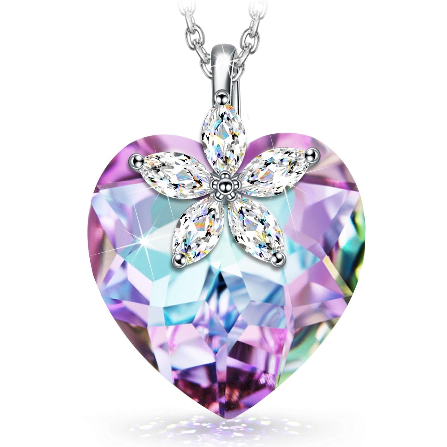 Sterling Silver Crystal Heart Necklace In White Gold Plated