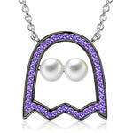 Sterling Silver Pac-Man Necklace and Bracelet and Earrings Set In White Gold Plated