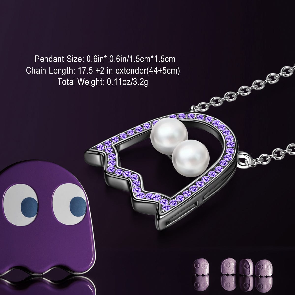 Sterling Silver Pac-Man Necklace and Bracelet and Earrings Set In White Gold Plated