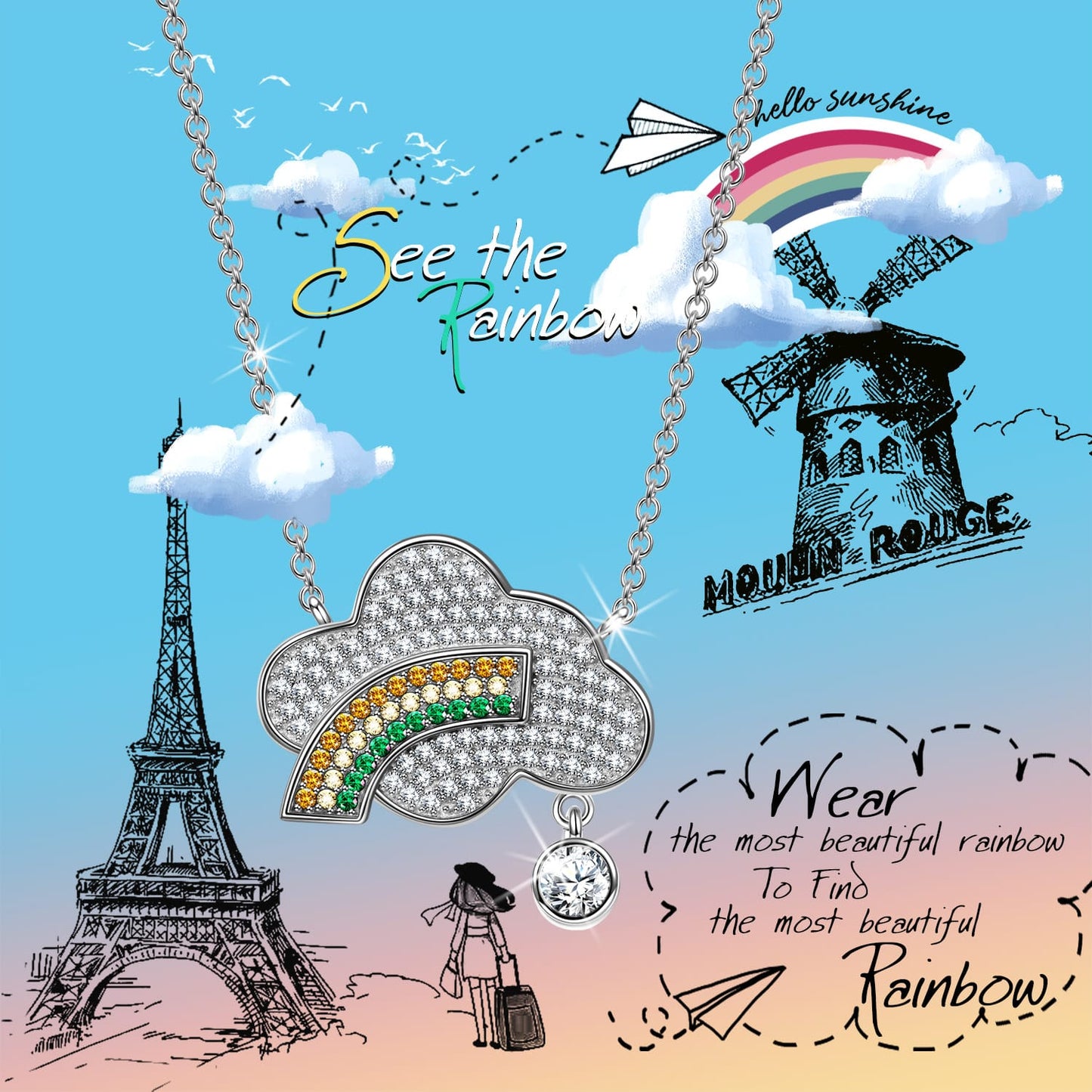 Pavé Rainbow Cloud Pendant Necklace in Solid 925 Sterling Silver