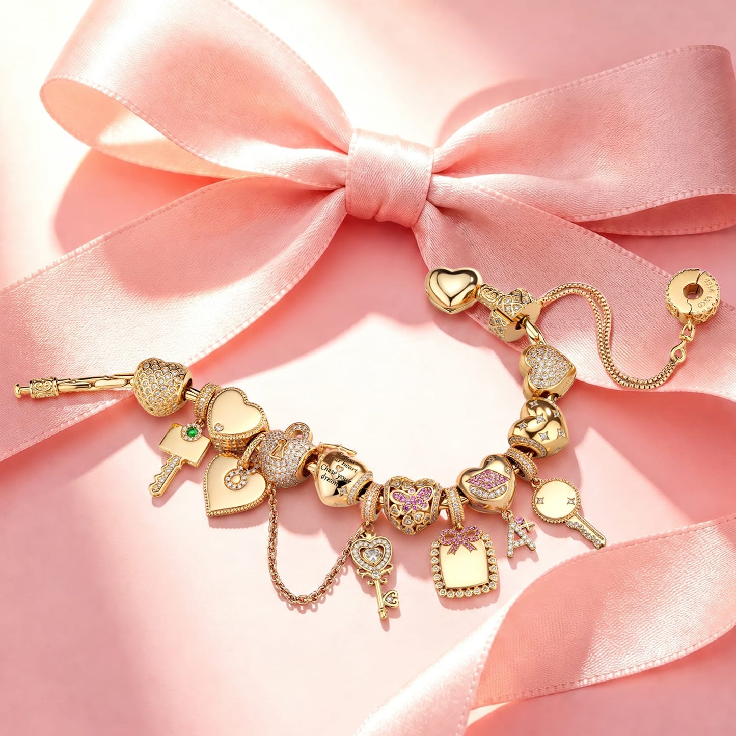 Keys to Love Tarnish-Resistant Silver Charms Bracelet Set In 14K Gold Plated (Includes bracelet and all charms shown)