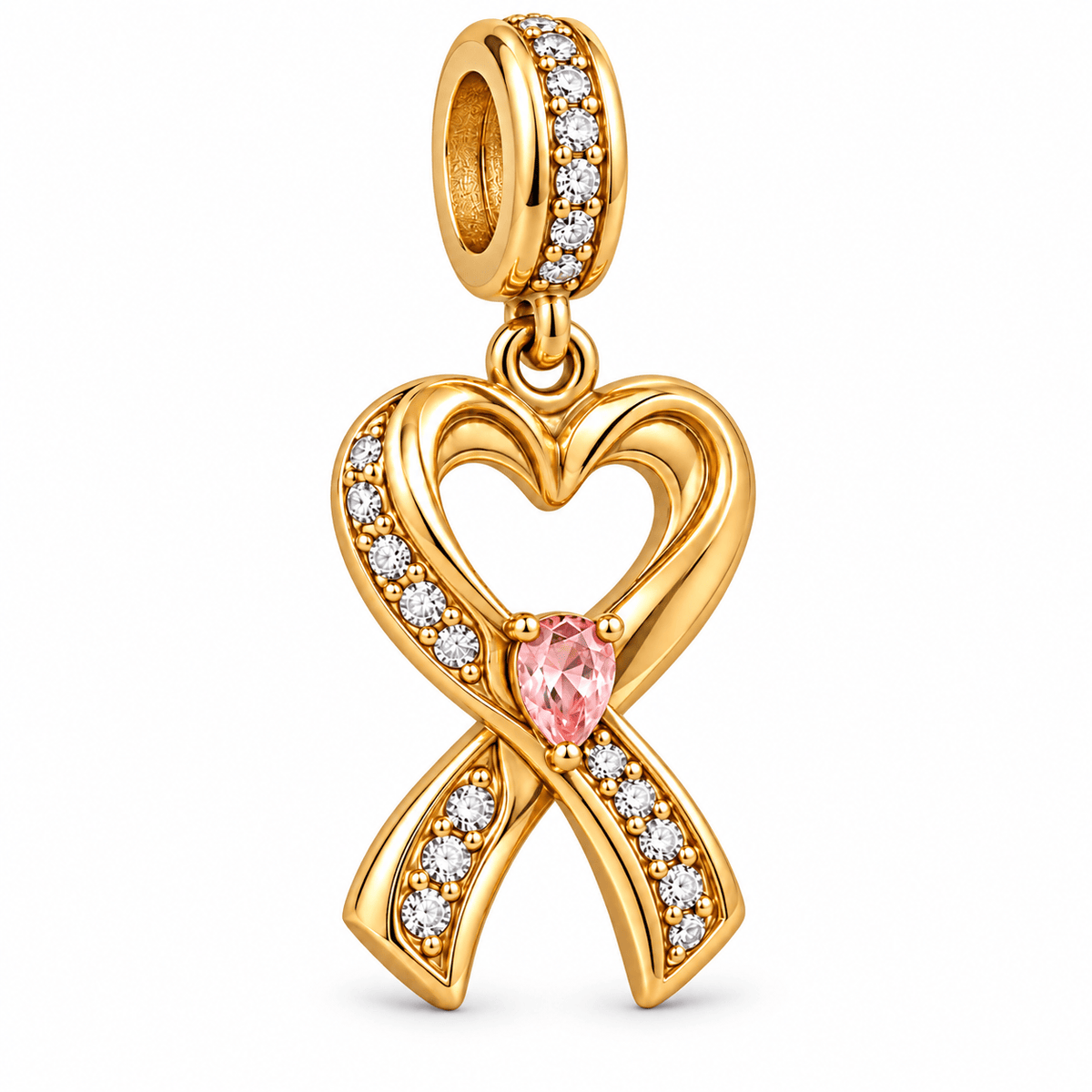 Pink Ribbon Hope Engravable Heart Dangle Charm In 14K Gold Plated