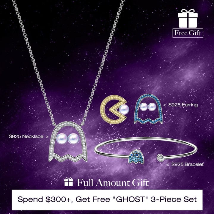 Sterling Silver Pac-Man Necklace and Beacelet and Earrings Set In White Gold Plated