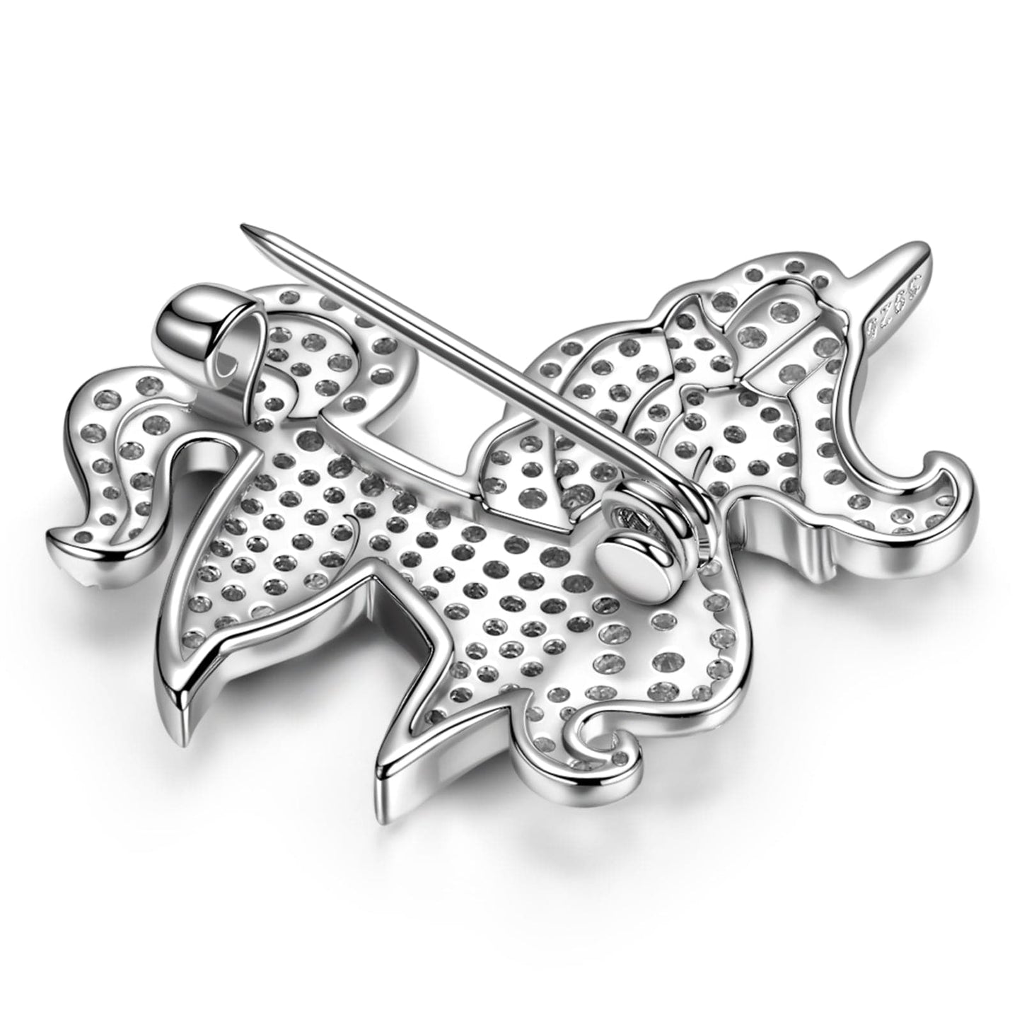 Sterling Silver Mystic Unicorn Brooch In White Gold Plated
