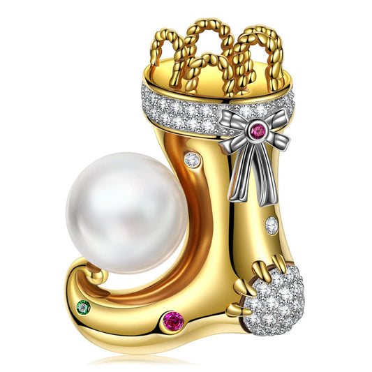 gona- Sterling Silver Glamorous Stocking Brooch In 14K Gold Plated - Created With SWAROVSKI® Pearls