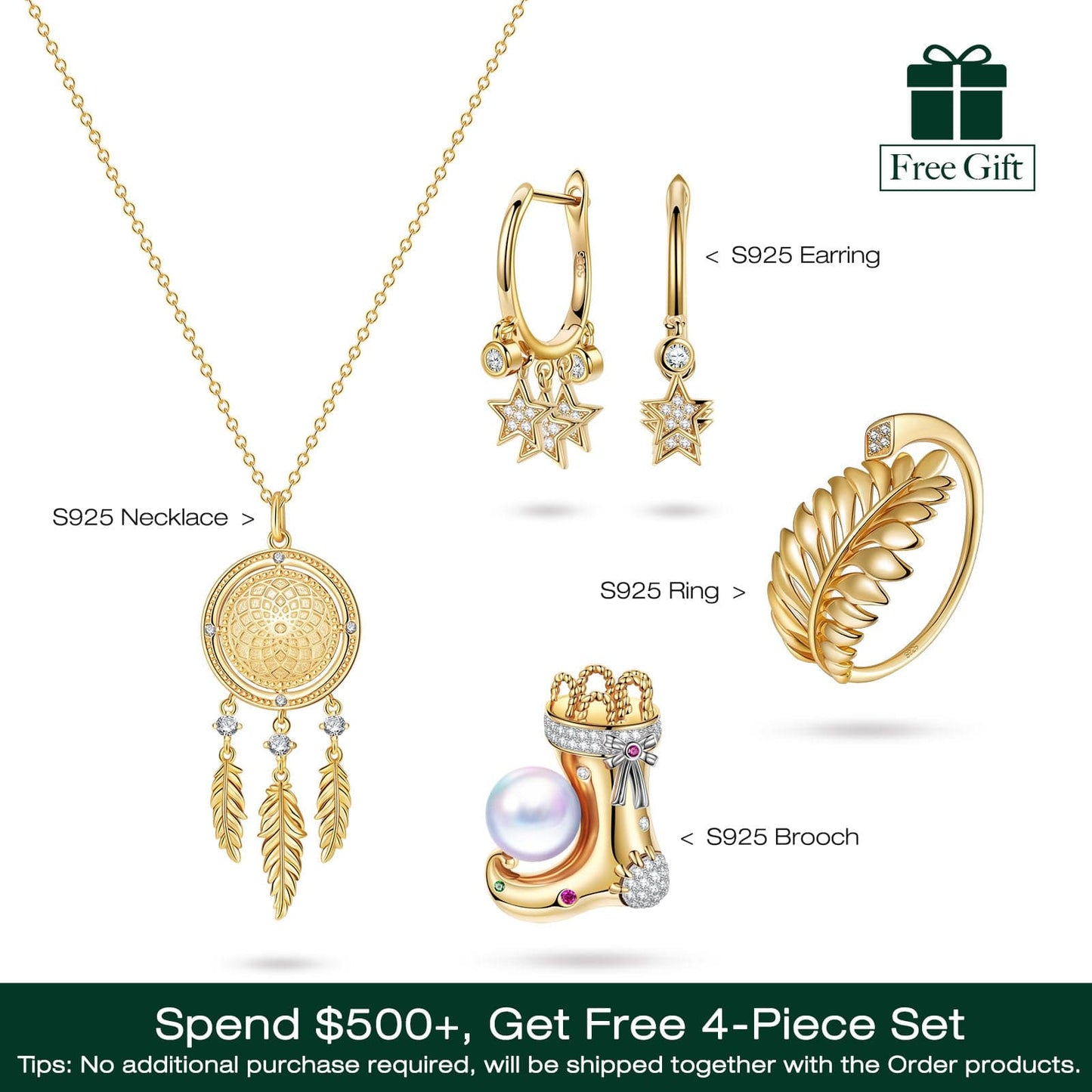 Sterling Silver Golden Christmas Necklace and Earrings and Ring and Brooch Set In 14K Gold Plated