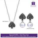 Sterling Silver Spades Poker Series Necklace and Pearl Earrings Set In White Gold Plated