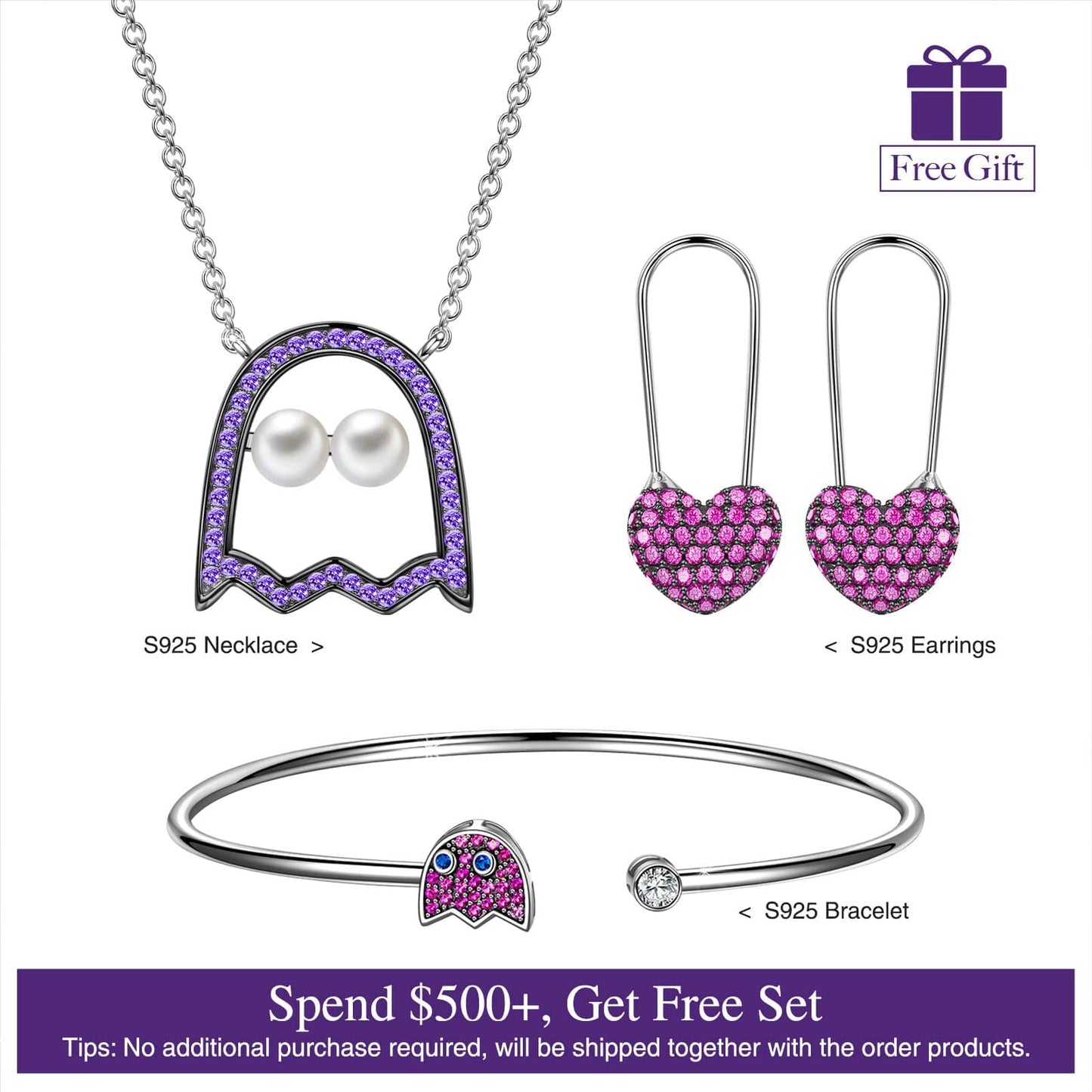 Halloween Treats Exclusive: Spend Over $500 In A Single Purchase To Get This Sterling Silver Monster Mash Necklace and Bracelet and Earrings Set In White Gold Plated For FREE - (Ships With Order, No Need To Add To Cart)