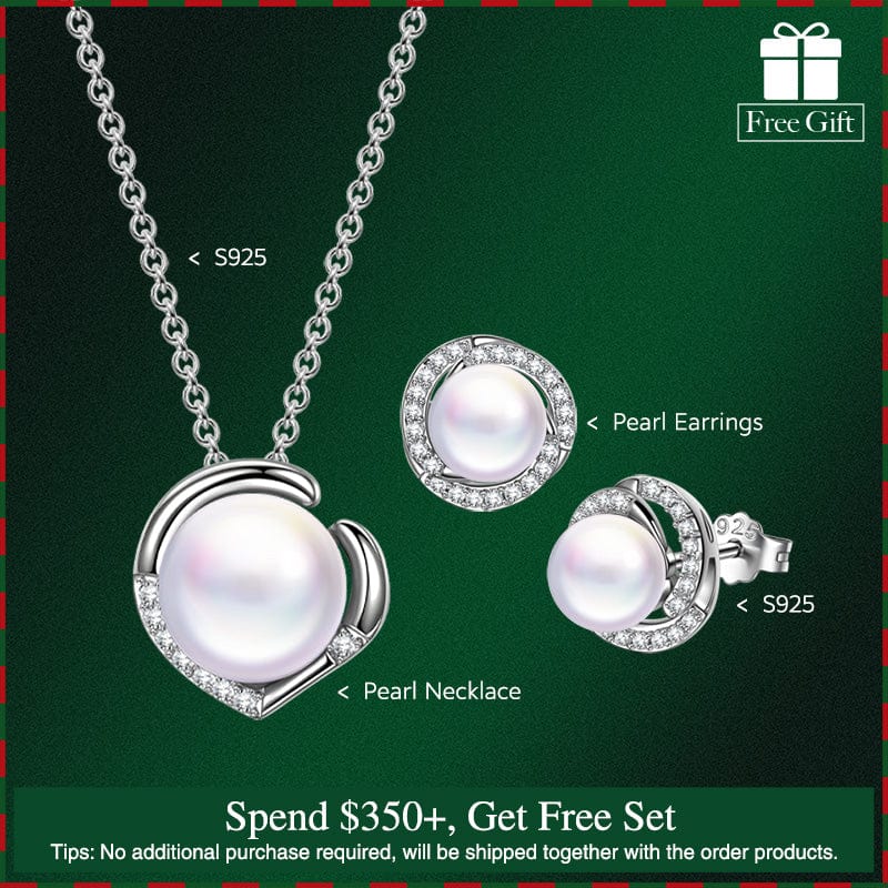 Sterling Silver Pearl Necklace and Earrings Set In White Gold Plated