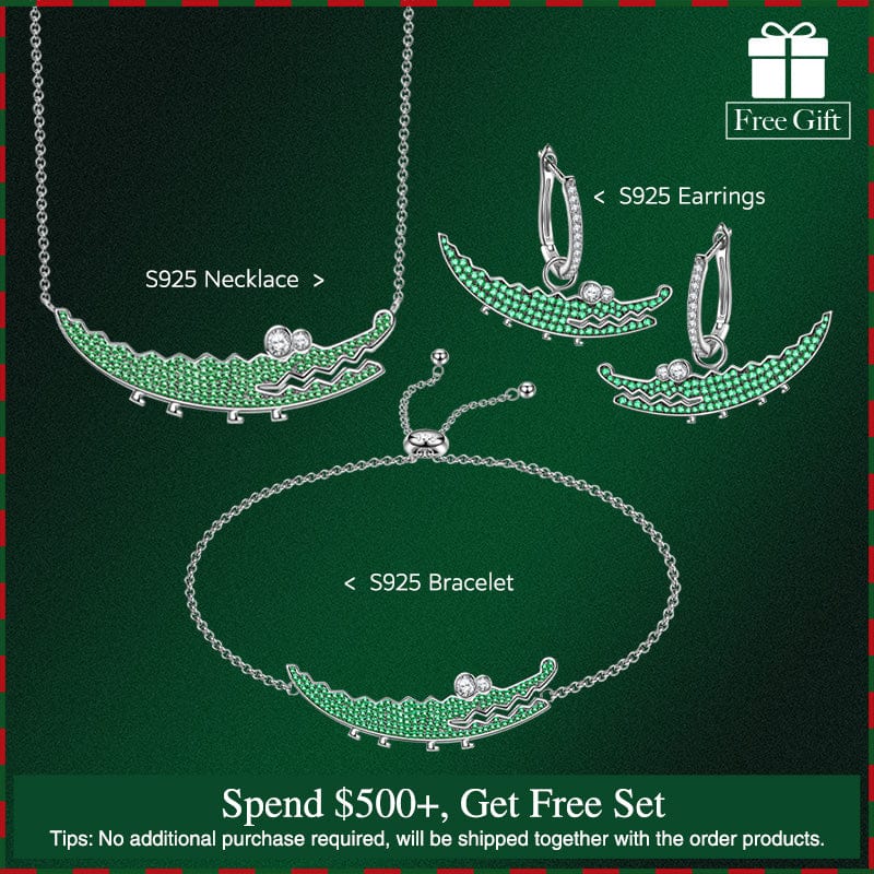 Sterling Silver Crocodile Necklace and Bracelet and Earrings Set In White Gold Plated