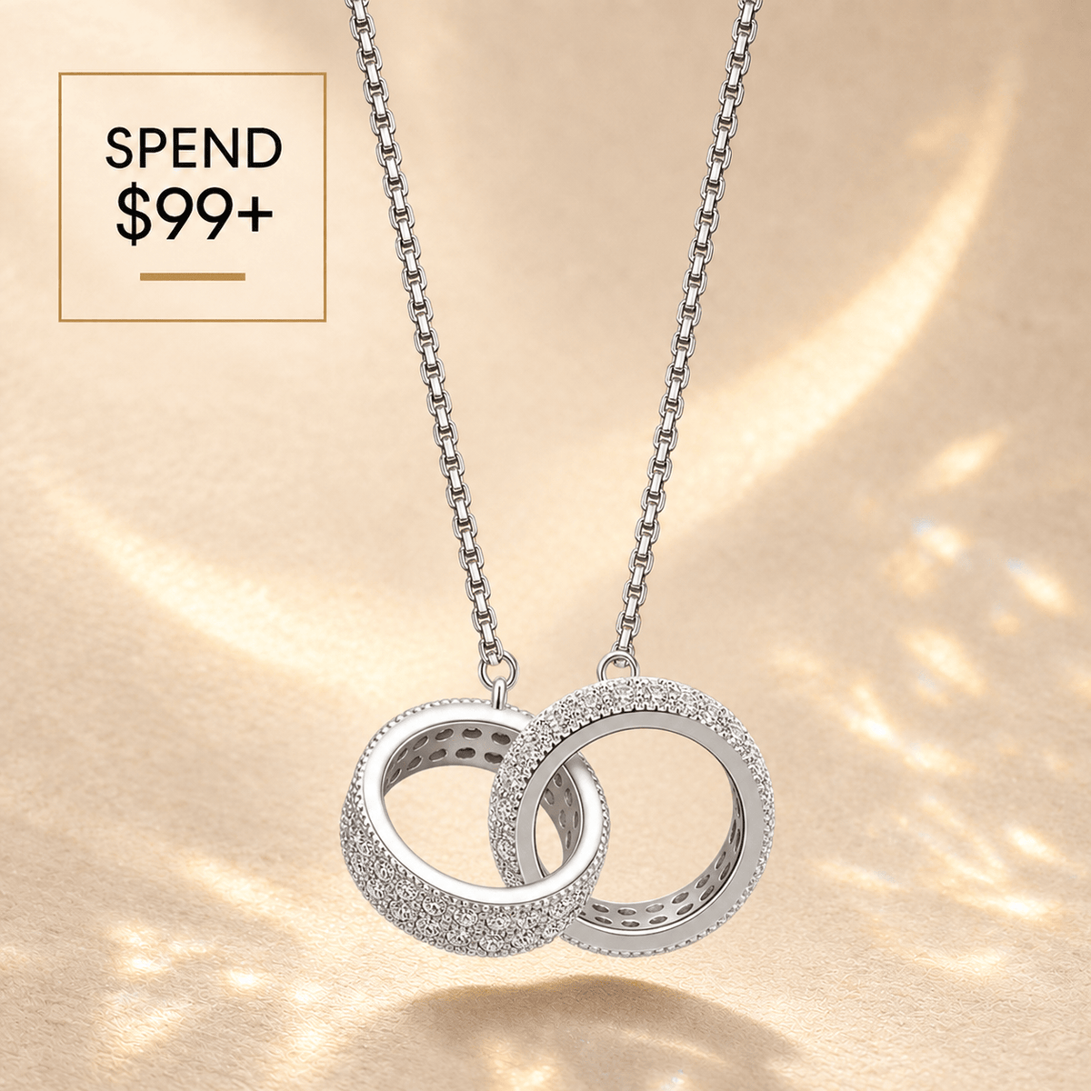 Exclusive Gift Offer: Spend $99+ in a Single Purchase to Get This Interlocking Double Circles Pavé Crystal Pendant Necklace in White Gold Plated for FREE (Ships With Order, No Need to Add to Cart)