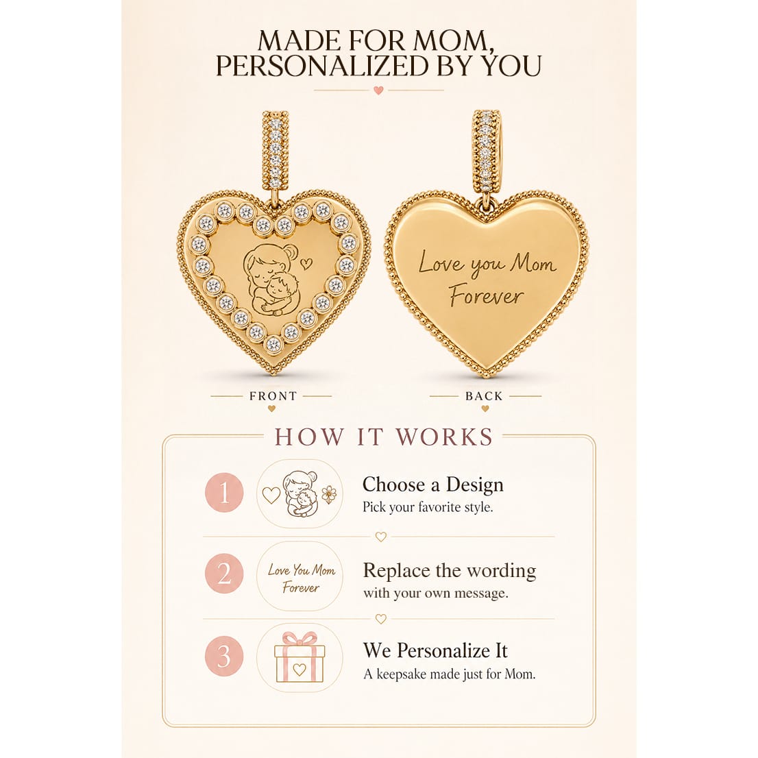 Personalized Heart Dangle Charms Pendant In 14K Gold Plated — Choose Your Design and Add Your Personal Message
