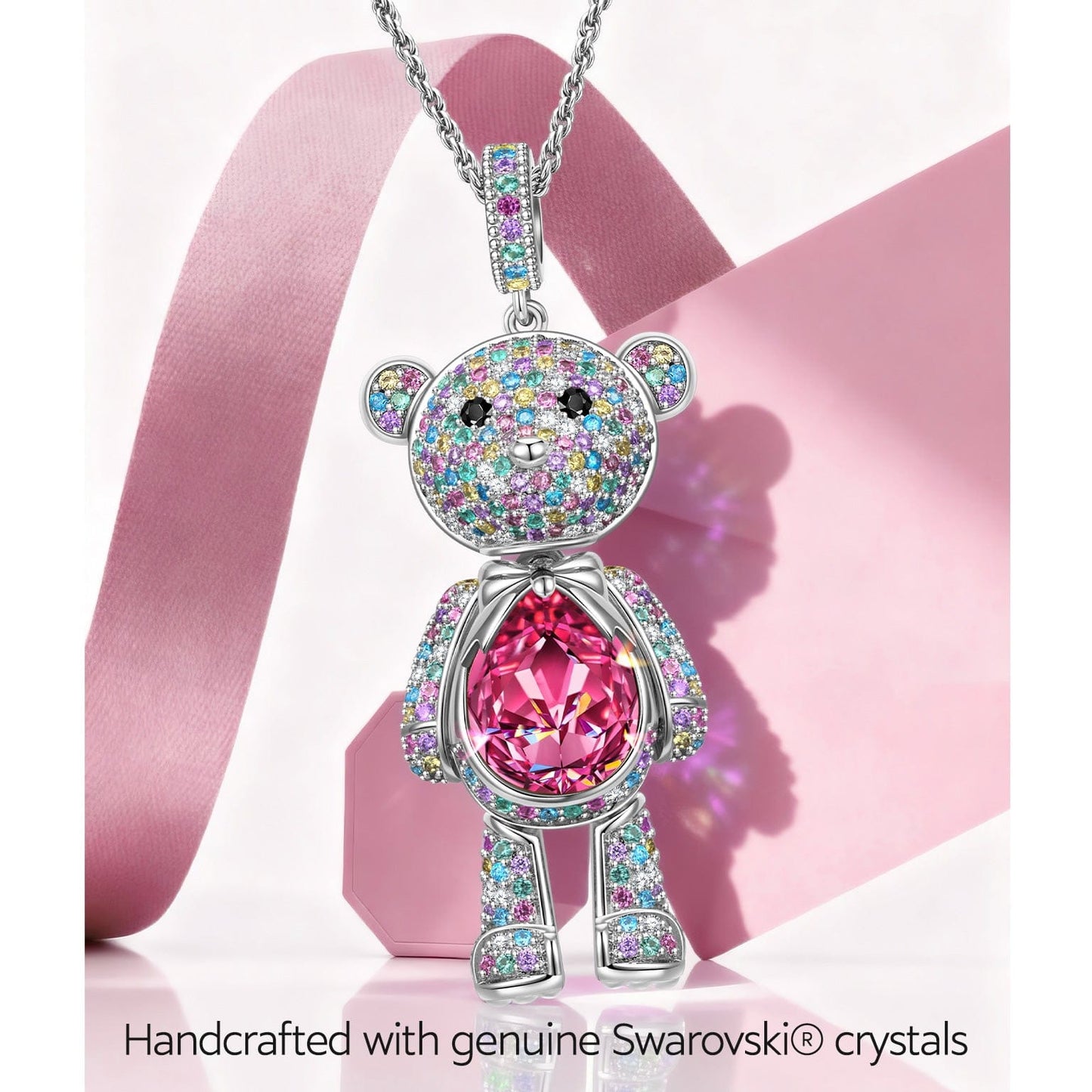 Forever Teddy Bear Pendant Rope Chain Necklace In White Gold Plated - Created With SWAROVSKI® Crystals
