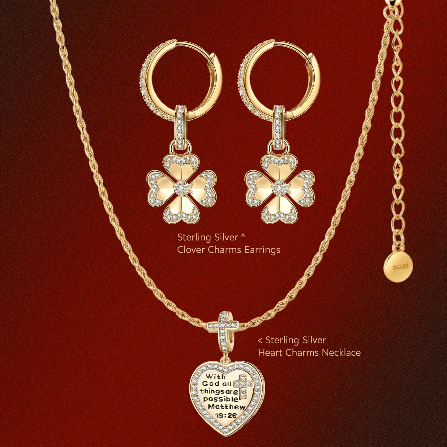 Sterling Silver Clover Heart Charms Necklace and Earrings Set With Enamel In 14K Gold Plated