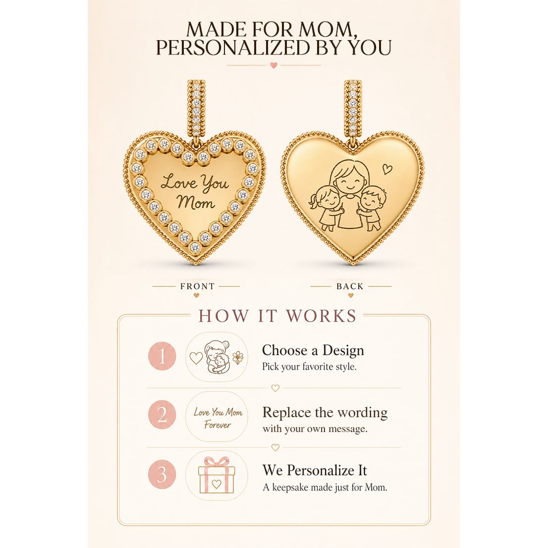 Personalized Heart Dangle Charms Pendant In 14K Gold Plated — Choose Your Design and Add Your Personal Message