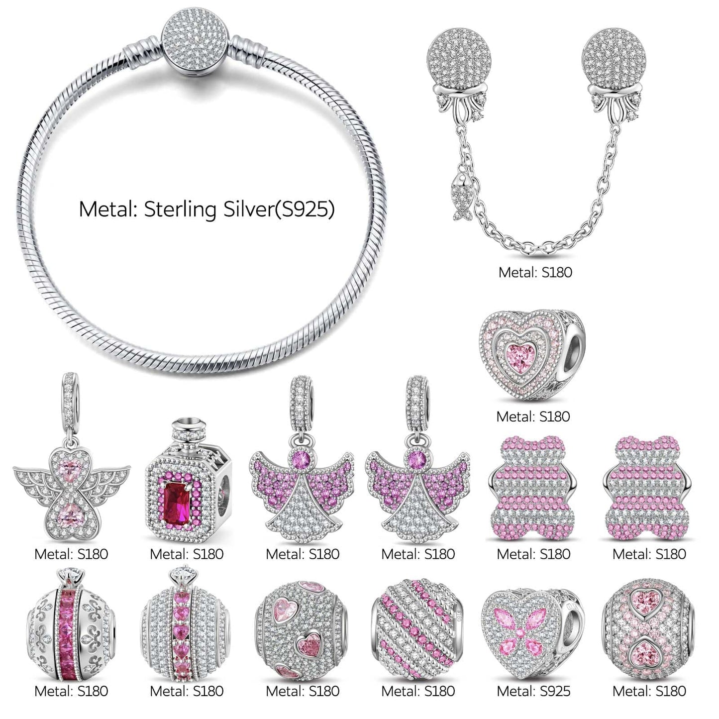 Sterling Silver Love's Tale Charms Bracelet Set In White Gold Plated (Includes bracelet and all charms shown)