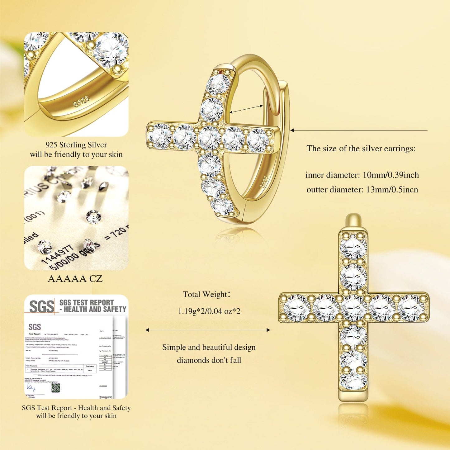 Sterling Silver Personalised Golden Cross Earrings In 14K Gold Plated