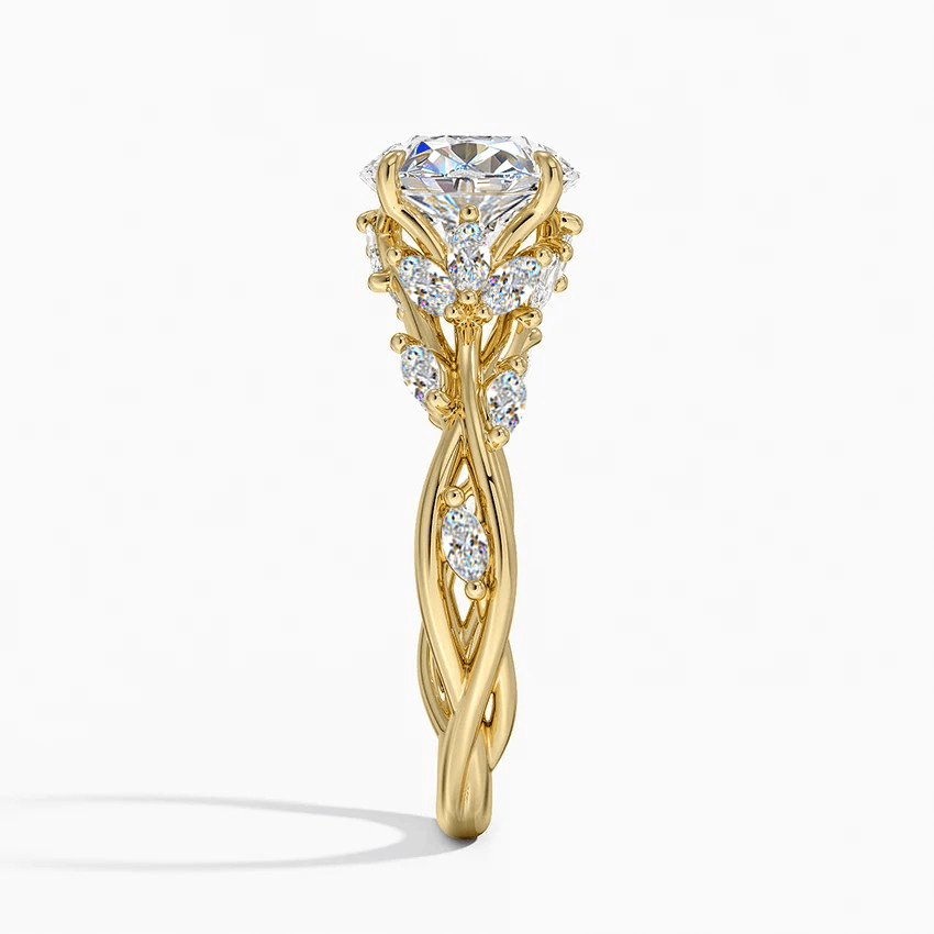 Secret Garden · 2.0 CT Round Lab-Grown Diamond Ring with Vine Leaf Accent Band & Claw Setting Tarnish-Resistant Silver In 14K Yellow Gold Plated · (Includes IGI Certification from International Gemological Institute)