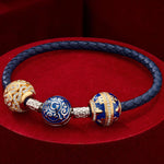 Sterling Silver Blue Leather Butterfly Dance Charms Bracelet Set In 14K Gold Plated (Includes bracelet and all charms shown)