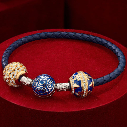 gona- Sterling Silver Blue Leather Butterfly Dance Charms Bracelet Set In 14K Gold Plated (Includes bracelet and all charms shown)