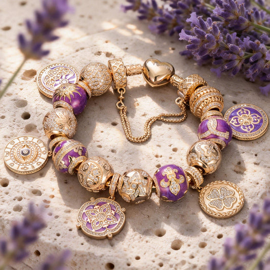 gona- Sterling Silver Purple Romantic Charms Bracelet Set With Enamel In 14K Gold Plated (Includes bracelet and all charms shown)