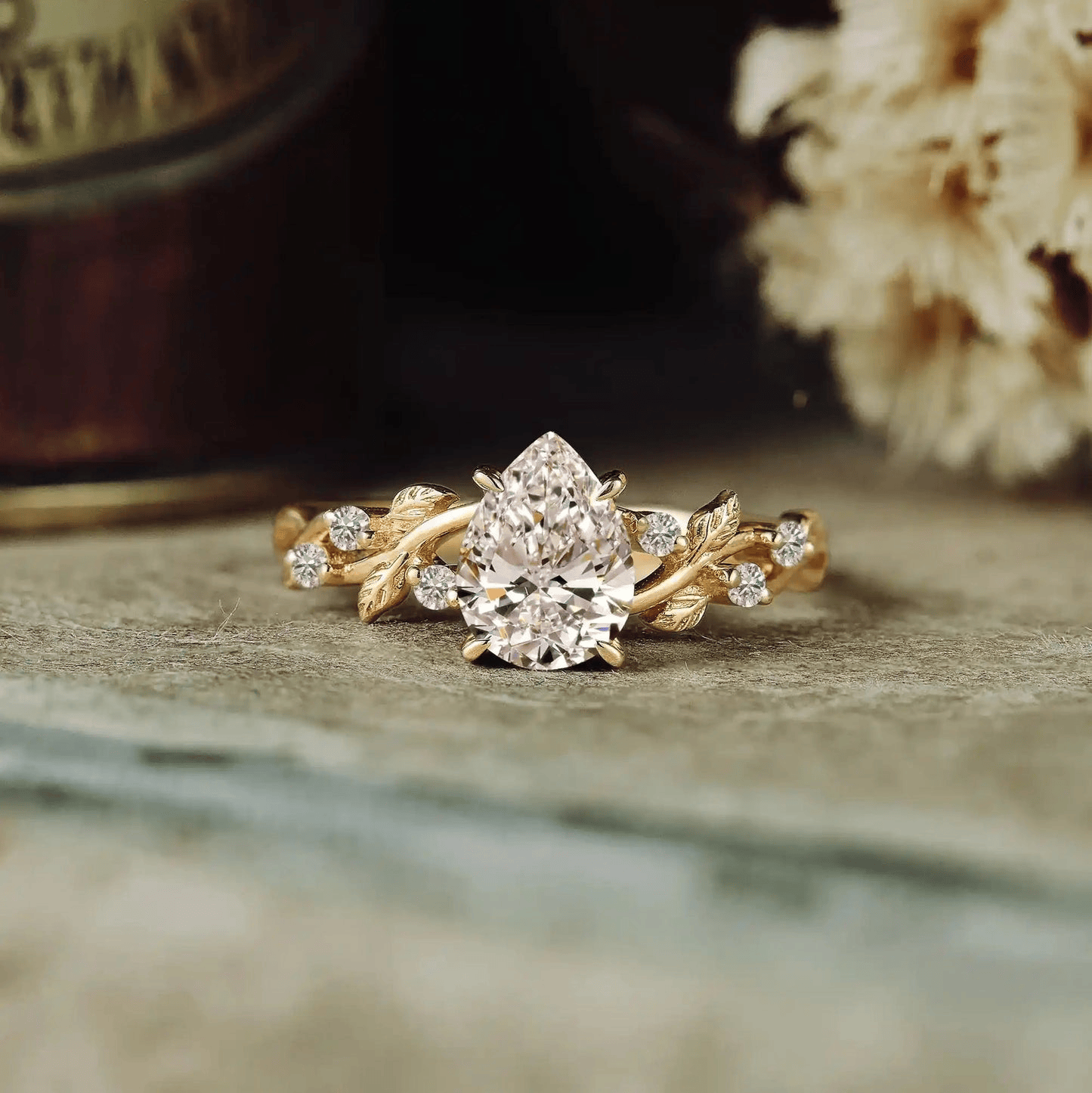 Enchanted Vine · 2.0 CT Pear Lab-Grown Diamond Engagement Ring with Leaf & Vine Accent Band in Solid 14K Yellow Gold · (Includes IGI Certification from International Gemological Institute)