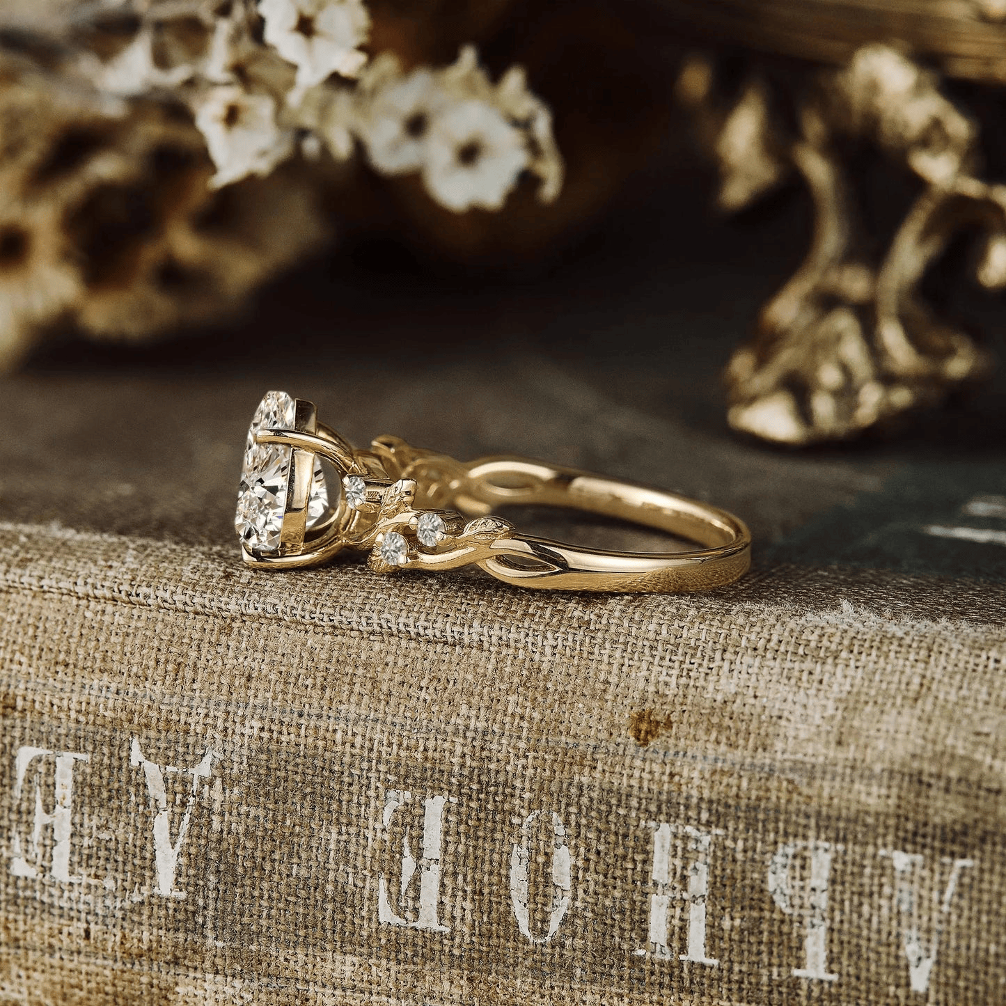 Enchanted Vine · 2.0 CT Pear Lab-Grown Diamond Engagement Ring with Leaf & Vine Accent Band in Solid 14K Yellow Gold · (Includes IGI Certification from International Gemological Institute)