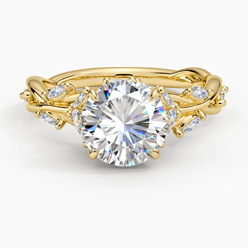 Secret Garden · 2.0 CT Round Lab-Grown Diamond Ring with Vine Leaf Accent Band & Claw Setting Tarnish-Resistant Silver In 14K Yellow Gold Plated · (Includes IGI Certification from International Gemological Institute)